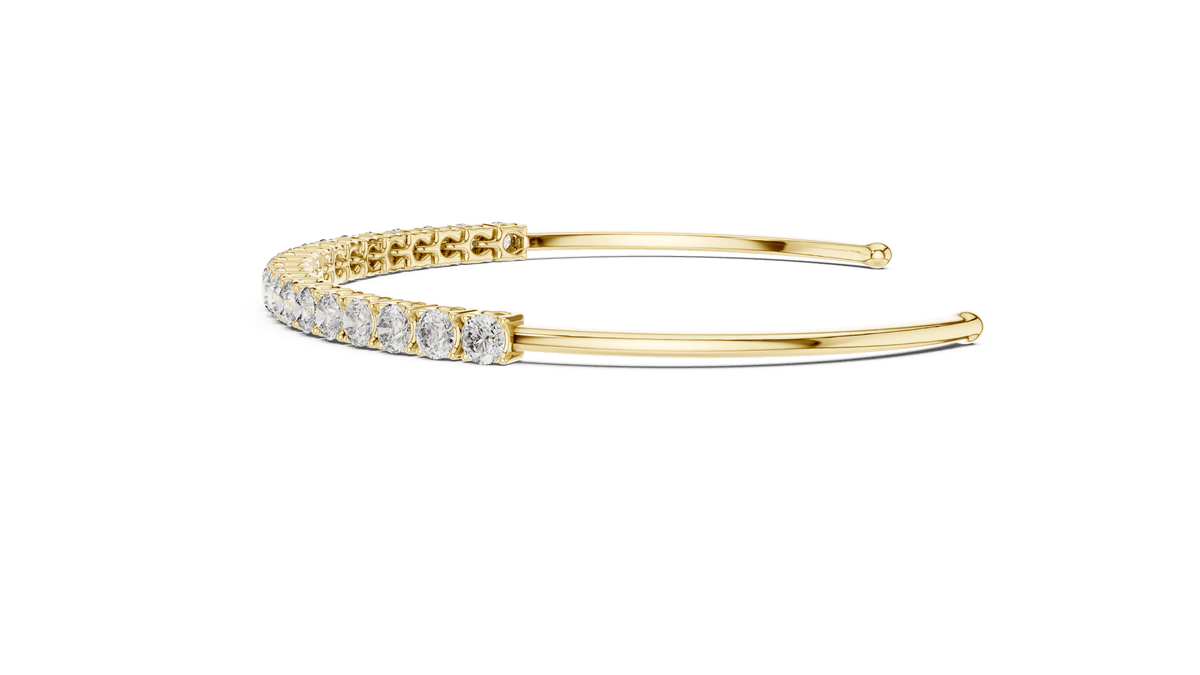 Round Diamond Open Cuff Bangle featuring a row of brilliant round-cut diamonds on a polished white gold open bracelet by Orova Jewels.