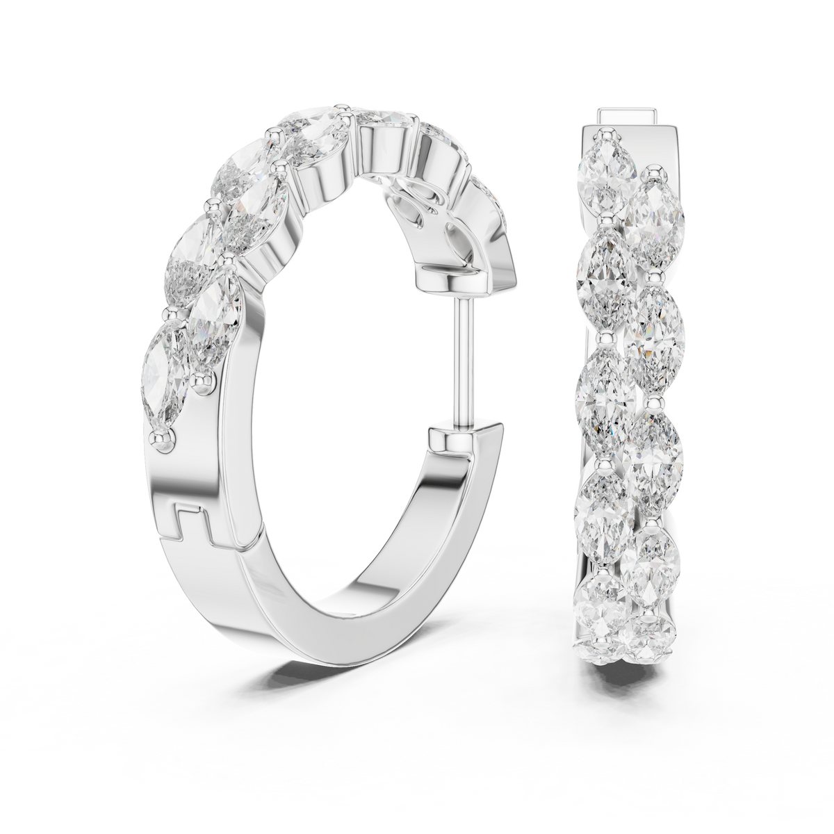 Marquise diamond hoop earrings featuring sparkling marquise-cut stones in a sleek hinged hoop design by Orova Jewels.