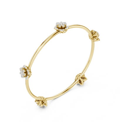 Blooming Floral & Leaf Crystal Bangle Bracelet featuring sparkling flower blossoms and leaf-inspired charms on a polished silver-tone open bangle by Orova Jewels.