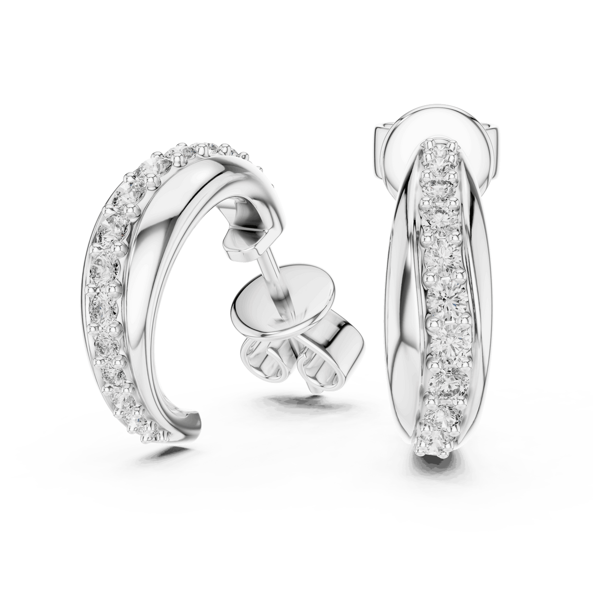 Classic diamond hoop earrings featuring a sleek curved design with sparkling round stone accents and a polished finish by Orova Jewels.