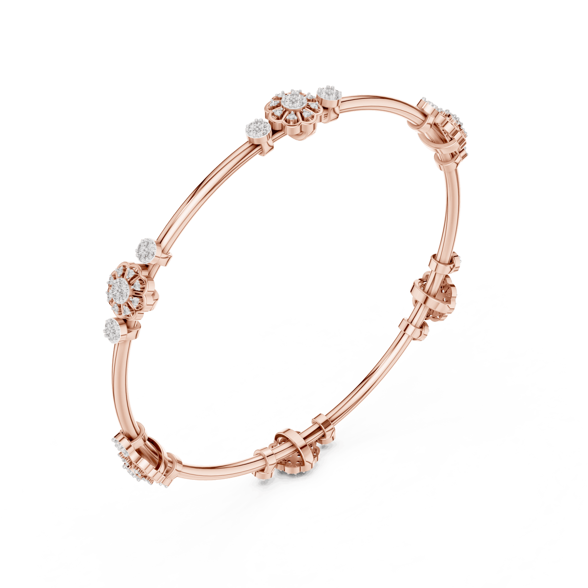 Floral charm crystal bangle bracelet featuring sparkling flower charms, decorative spacer beads, and a polished silver-tone finish by Orova Jewels.