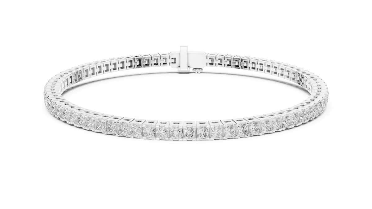 Princess Cut Diamond Tennis Bracelet featuring a continuous row of sparkling square-cut stones with a secure box clasp by Orova Jewels.