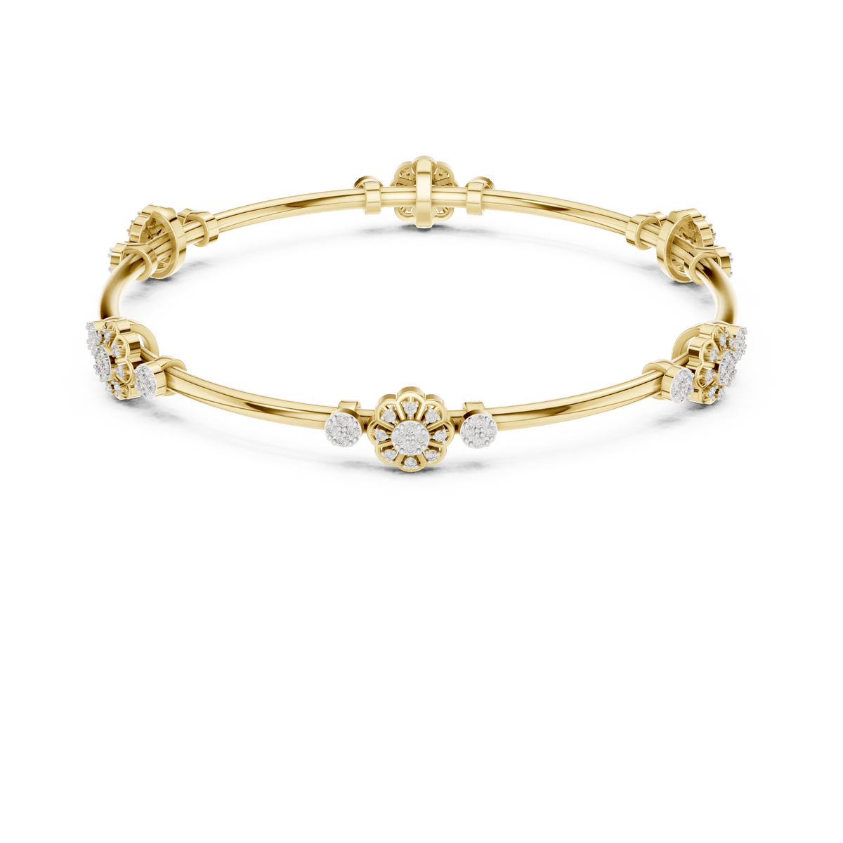 Floral charm crystal bangle bracelet featuring sparkling flower charms, decorative spacer beads, and a polished silver-tone finish by Orova Jewels.