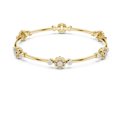 Floral charm crystal bangle bracelet featuring sparkling flower charms, decorative spacer beads, and a polished silver-tone finish by Orova Jewels.