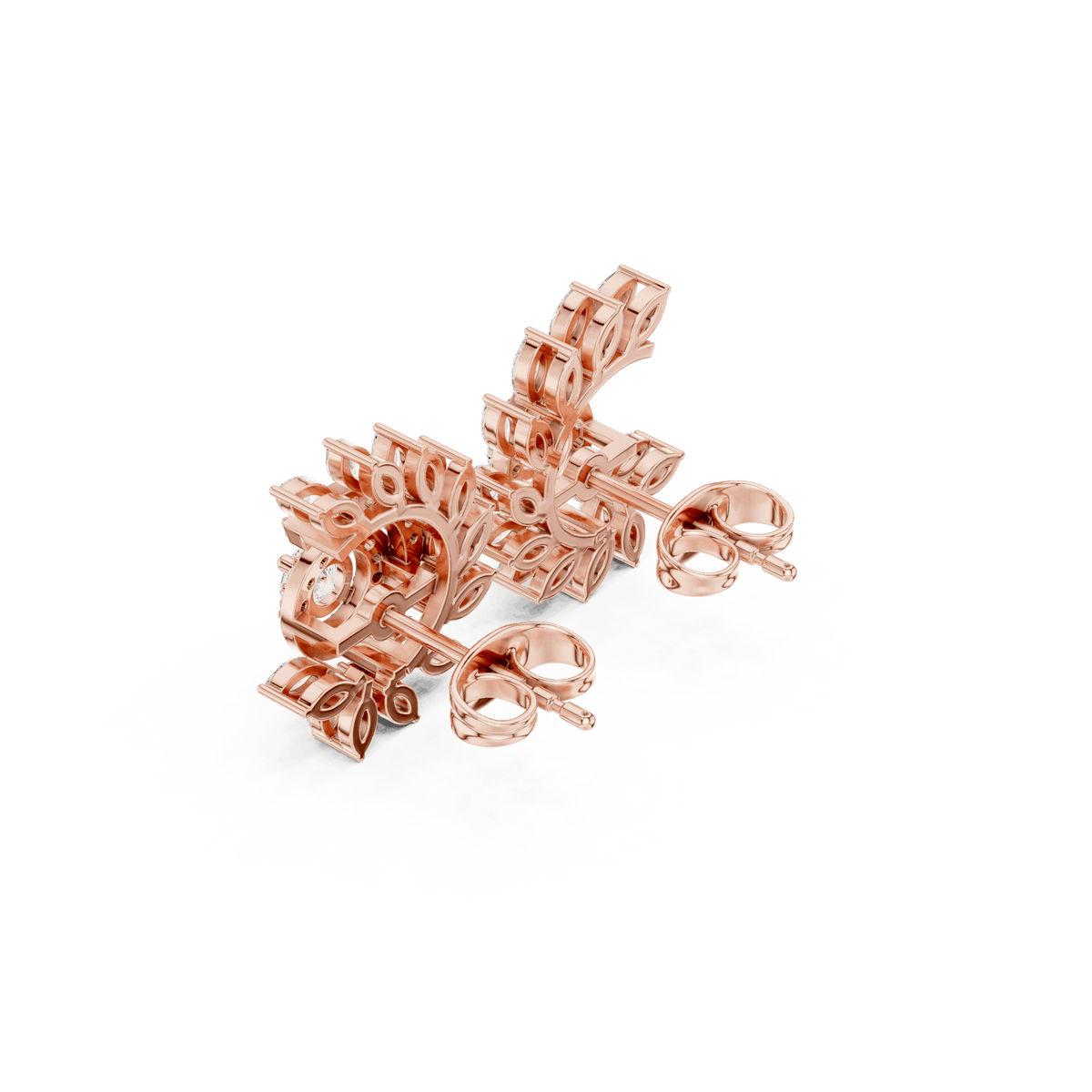 Art Deco diamond statement stud earrings featuring a geometric arrangement of round and baguette-cut stones with a sparkling halo centerpiece by Orova Jewels.