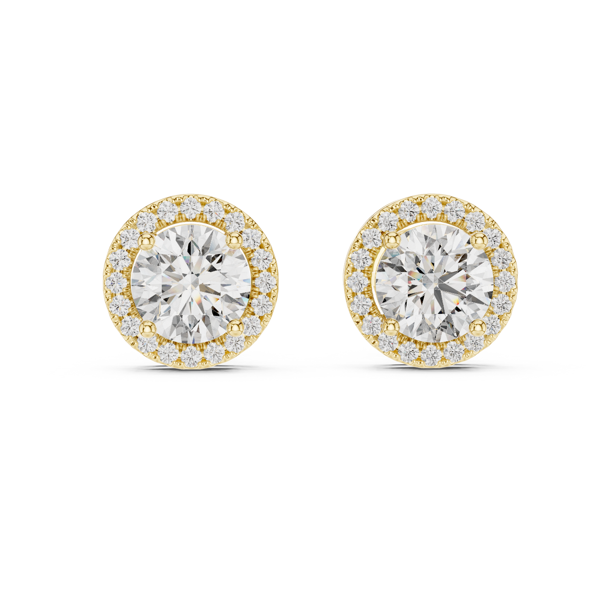 Round halo diamond stud earrings featuring brilliant center stones surrounded by sparkling halo accents with secure stud backs by Orova Jewels.