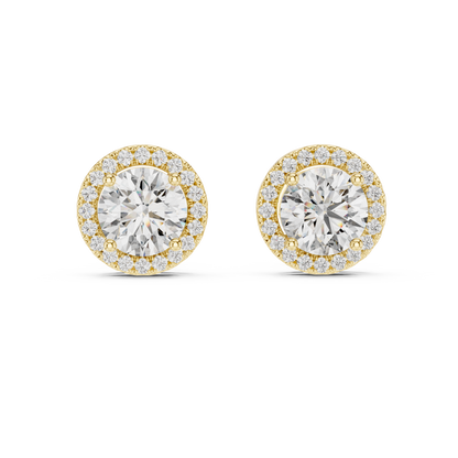 Round halo diamond stud earrings featuring brilliant center stones surrounded by sparkling halo accents with secure stud backs by Orova Jewels.