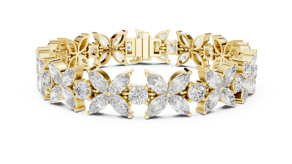 Marquise Floral Diamond Tennis Bracelet featuring sparkling flower motifs crafted with marquise-cut and round brilliant stones in a polished white gold finish by Orova Jewels.