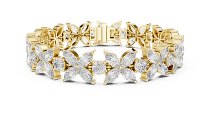 Marquise Floral Diamond Tennis Bracelet featuring sparkling flower motifs crafted with marquise-cut and round brilliant stones in a polished white gold finish by Orova Jewels.
