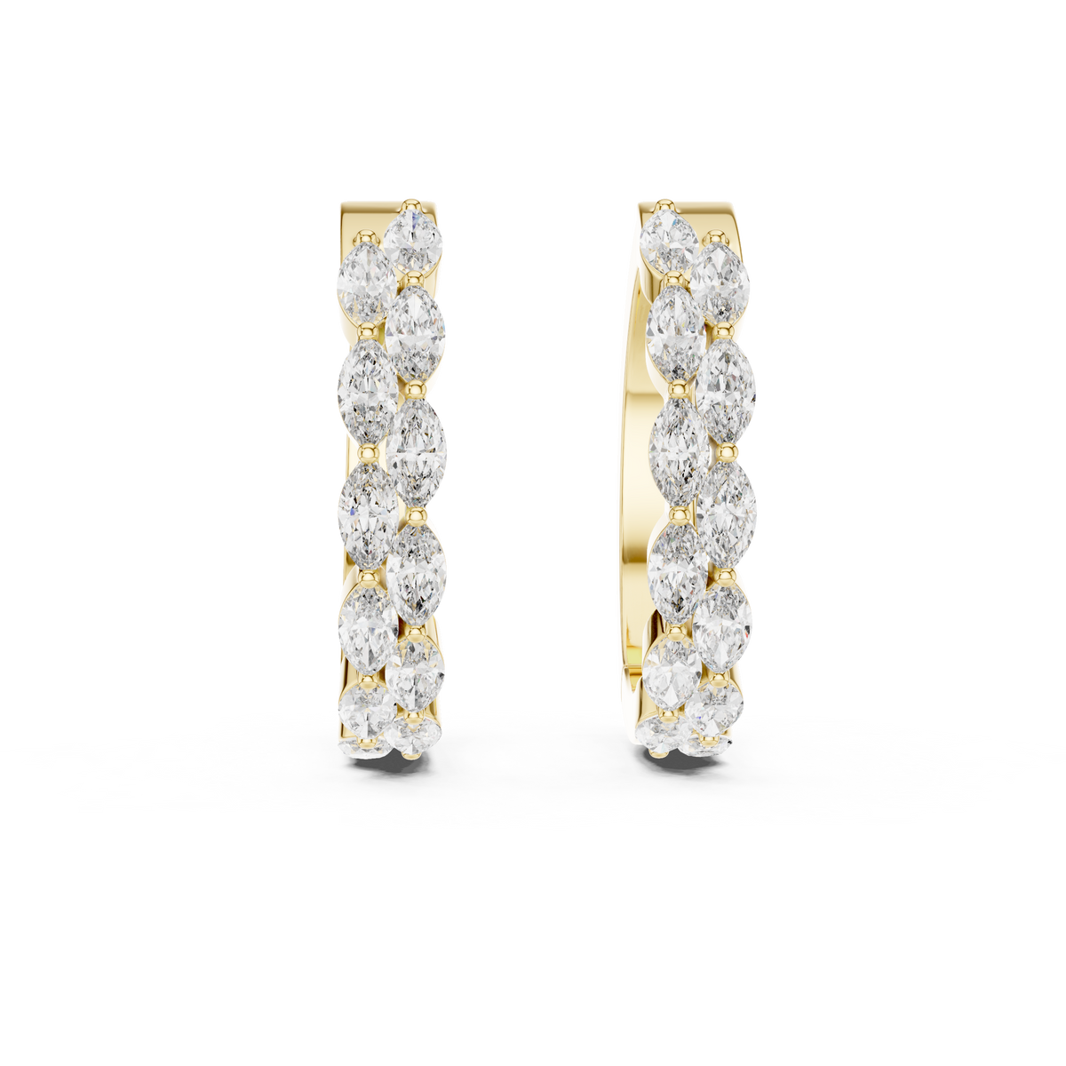 Marquise diamond hoop earrings featuring sparkling marquise-cut stones in a sleek hinged hoop design by Orova Jewels.