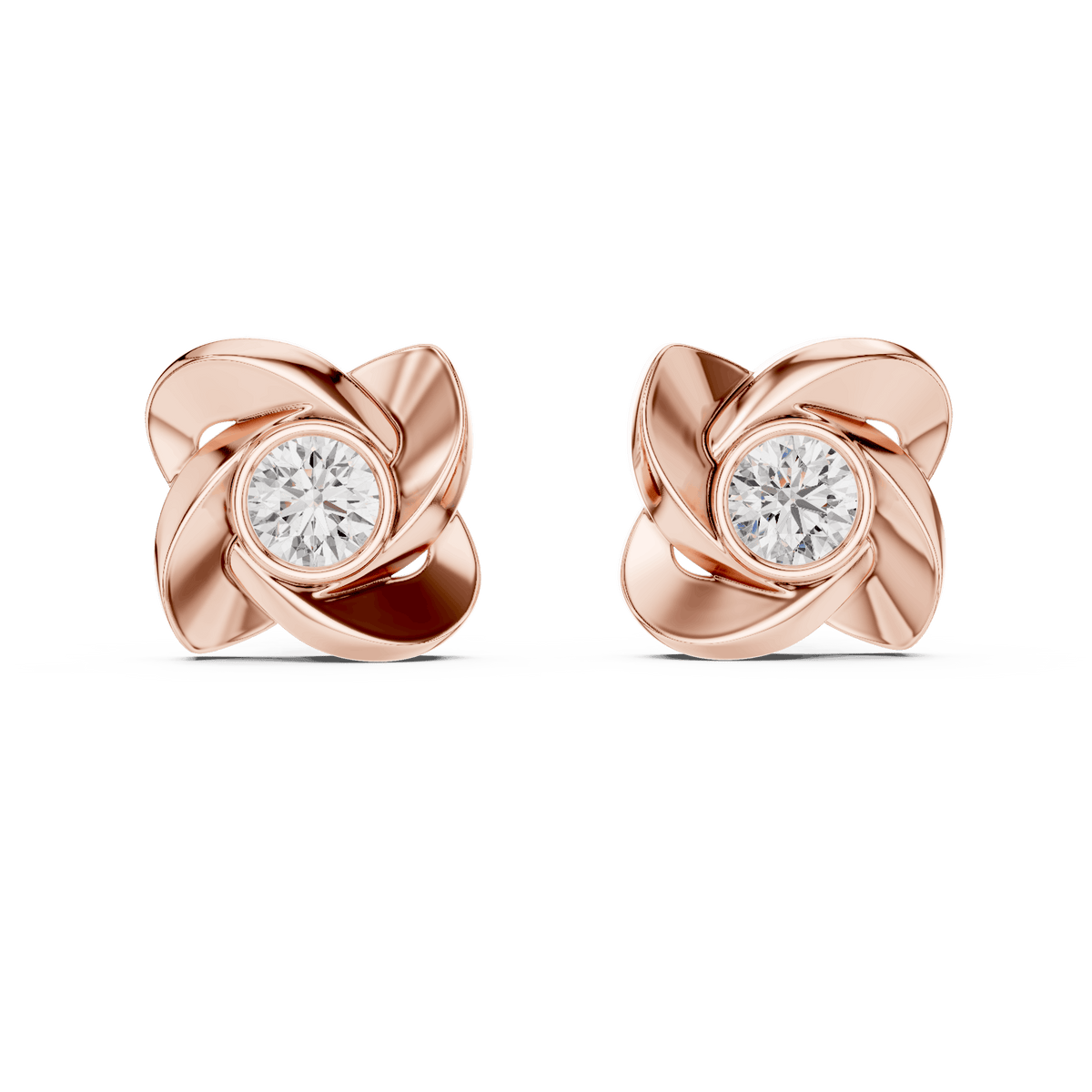 Twisted ribbon diamond stud earrings featuring a brilliant round center stone with a modern swirl design by Orova Jewels.