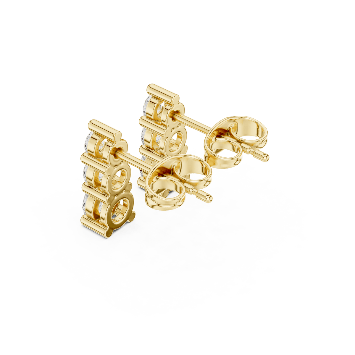 Three stone diamond drop stud earrings featuring brilliant round-cut stones in a vertical design with secure butterfly backs by Orova Jewels.