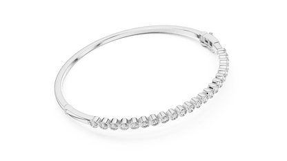 Classic round diamond hinged bangle featuring brilliant round-cut diamonds set along a polished white gold bracelet with a secure clasp by Orova Jewels.