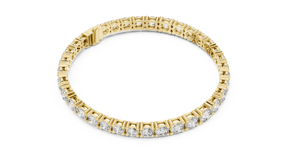Round Brilliant Diamond Tennis Bracelet featuring a continuous row of sparkling round-cut diamonds in a classic four-prong setting with a secure box clasp by Orova Jewels.