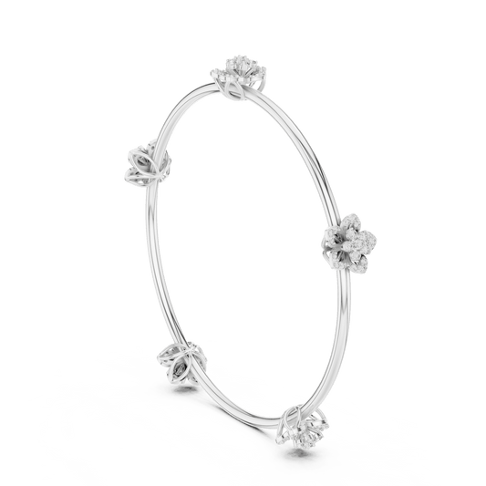 Blooming Floral & Leaf Crystal Bangle Bracelet featuring sparkling flower blossoms and leaf-inspired charms on a polished silver-tone open bangle by Orova Jewels.