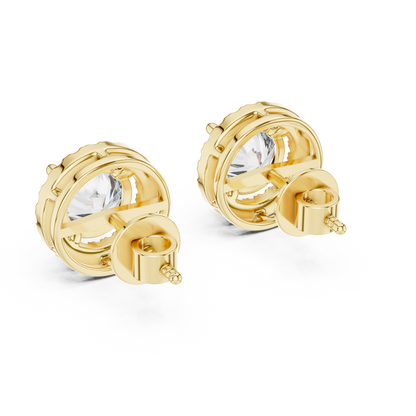 Round halo diamond stud earrings featuring brilliant center stones surrounded by sparkling halo accents with secure stud backs by Orova Jewels.