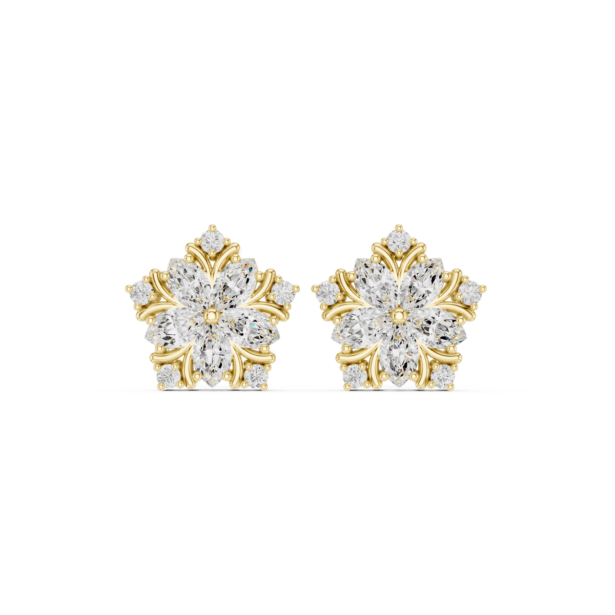 Floral diamond stud earrings featuring marquise and round-cut stones in a sparkling flower-inspired design by Orova Jewels.