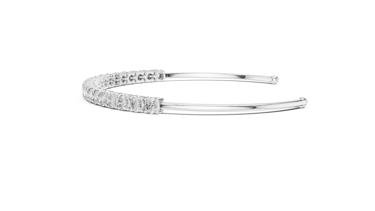 Round Diamond Open Cuff Bangle featuring a row of brilliant round-cut diamonds on a polished white gold open bracelet by Orova Jewels.