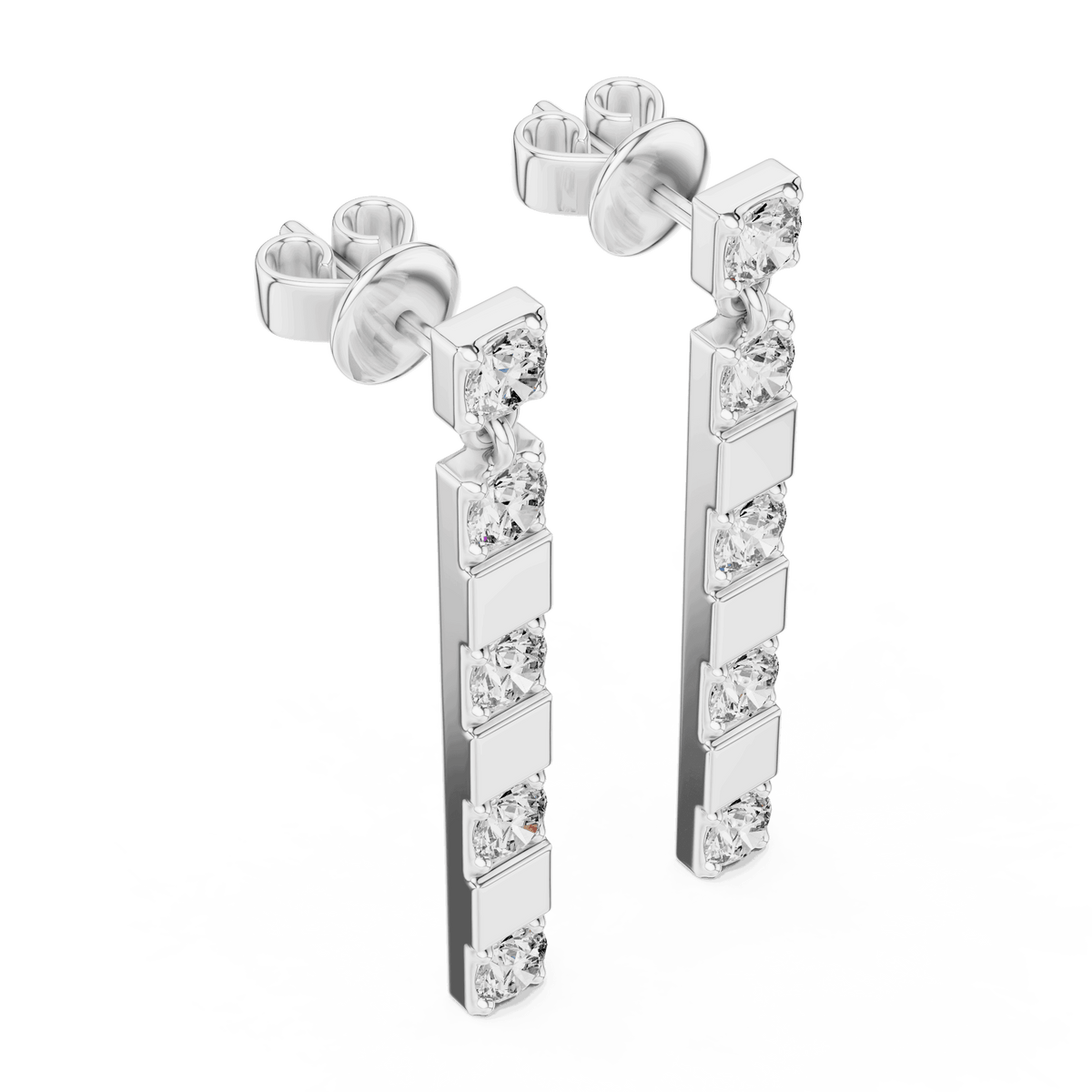 Modern diamond bar drop earrings featuring alternating polished links and sparkling round stones in a sleek vertical design by Orova Jewels