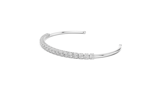 Round Diamond Open Cuff Bangle featuring a row of brilliant round-cut diamonds on a polished white gold open bracelet by Orova Jewels.