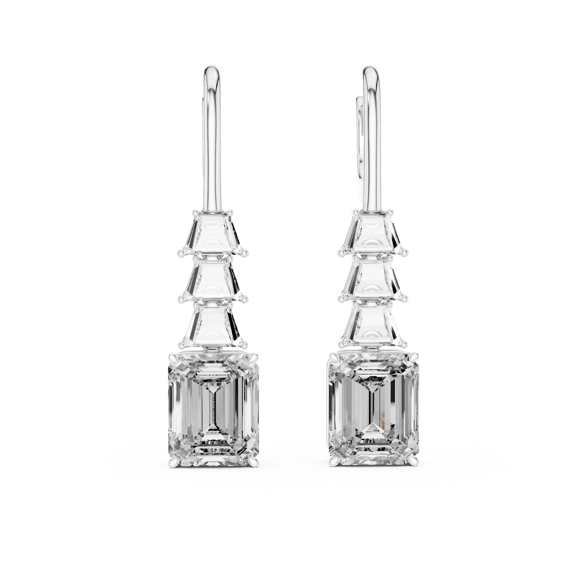 Elegant emerald cut diamond drop earrings featuring a geometric drop design with sparkling emerald-cut stones by Orova Jewels.