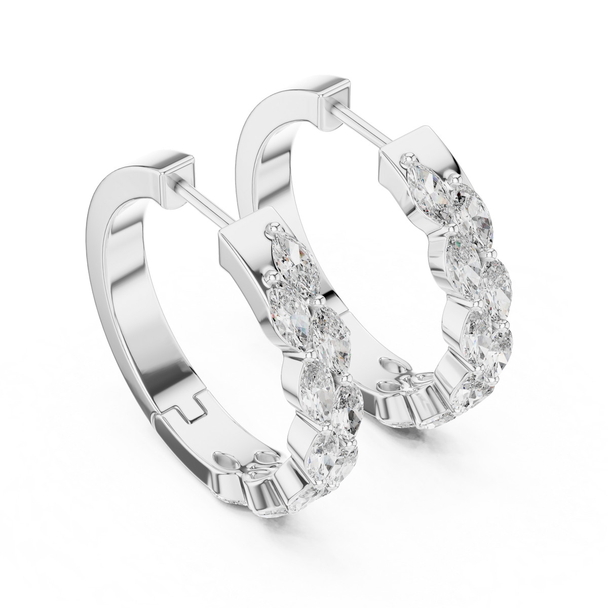 Marquise diamond hoop earrings featuring sparkling marquise-cut stones in a sleek hinged hoop design by Orova Jewels.