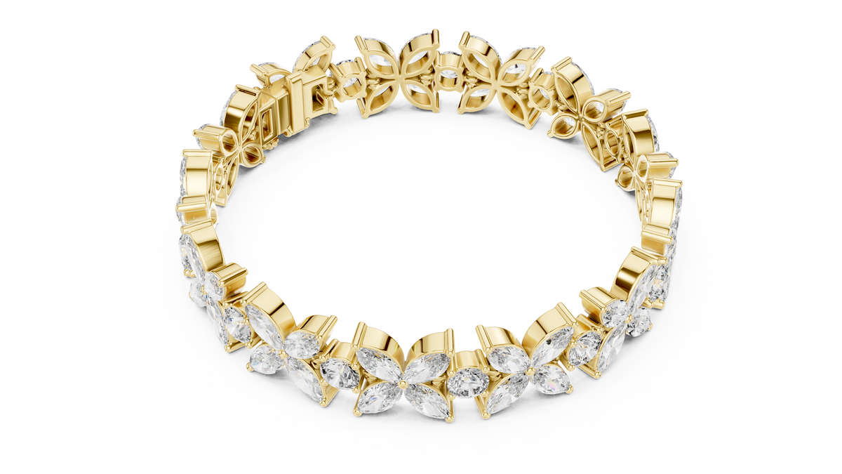 Marquise Floral Diamond Tennis Bracelet featuring sparkling flower motifs crafted with marquise-cut and round brilliant stones in a polished white gold finish by Orova Jewels.