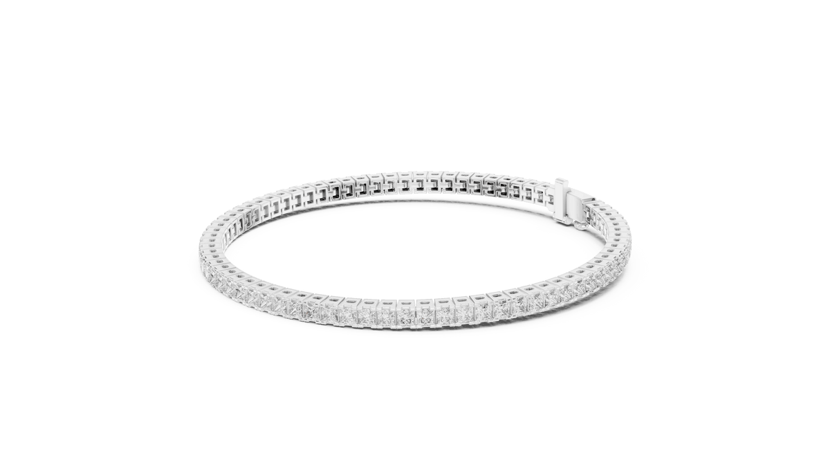 Princess Cut Diamond Tennis Bracelet featuring a continuous row of sparkling square-cut stones with a secure box clasp by Orova Jewels.