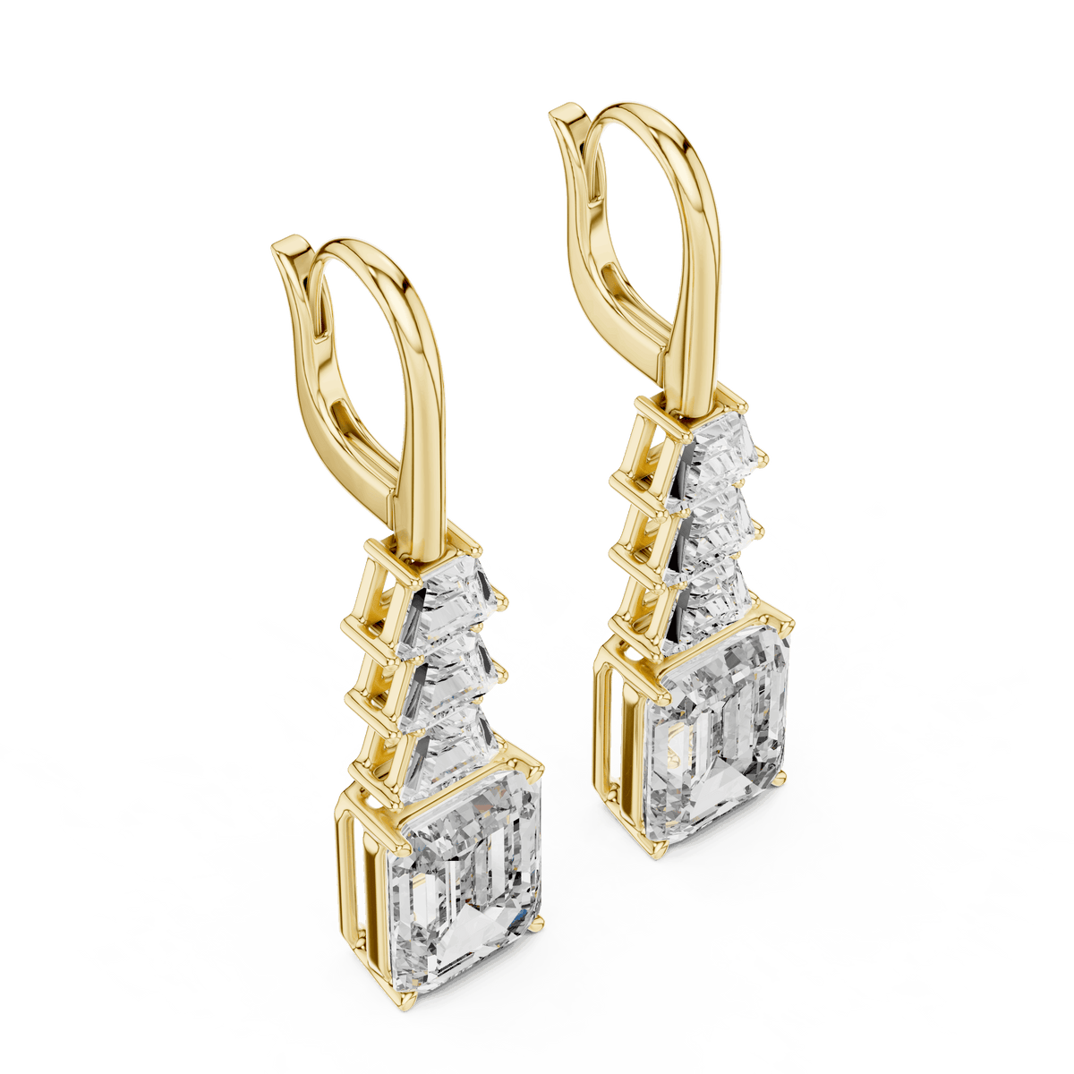Elegant emerald cut diamond drop earrings featuring a geometric drop design with sparkling emerald-cut stones by Orova Jewels.