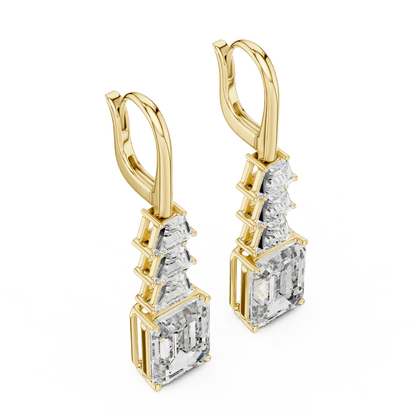 Elegant emerald cut diamond drop earrings featuring a geometric drop design with sparkling emerald-cut stones by Orova Jewels.