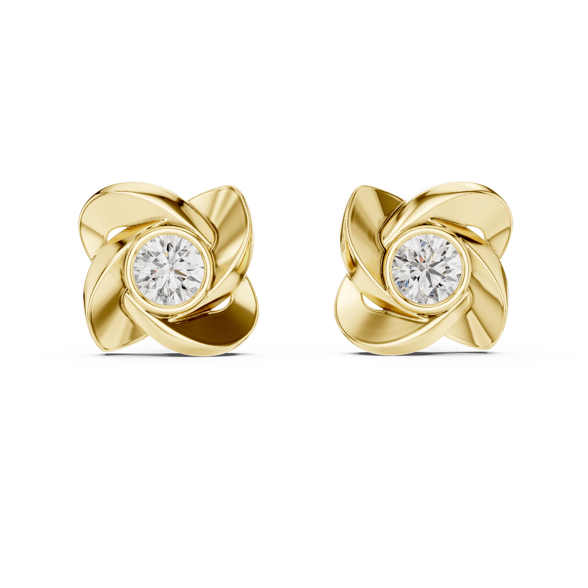 Twisted ribbon diamond stud earrings featuring a brilliant round center stone with a modern swirl design by Orova Jewels.