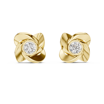 Twisted ribbon diamond stud earrings featuring a brilliant round center stone with a modern swirl design by Orova Jewels.
