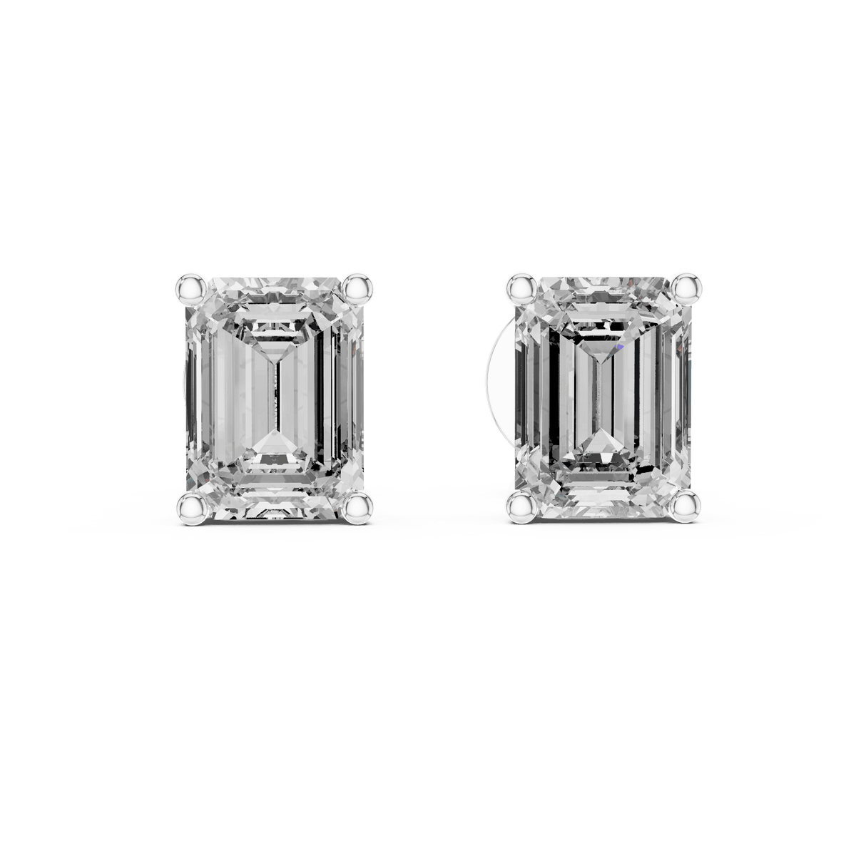 Emerald cut solitaire diamond stud earrings featuring rectangular-cut stones in a classic four-prong setting with secure screw-back closure by Orova Jewels.