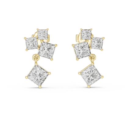 Princess cut diamond cluster drop earrings featuring cascading square-cut stones in a modern geometric design by Orova Jewels.