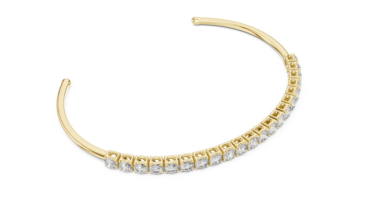 Round Diamond Open Cuff Bangle featuring a row of brilliant round-cut diamonds on a polished white gold open bracelet by Orova Jewels.