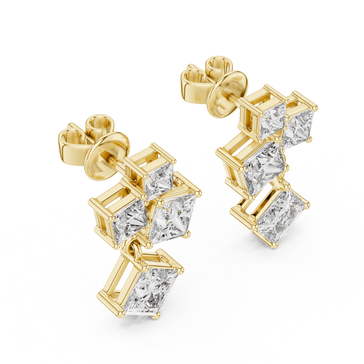 Princess cut diamond cluster drop earrings featuring cascading square-cut stones in a modern geometric design by Orova Jewels.