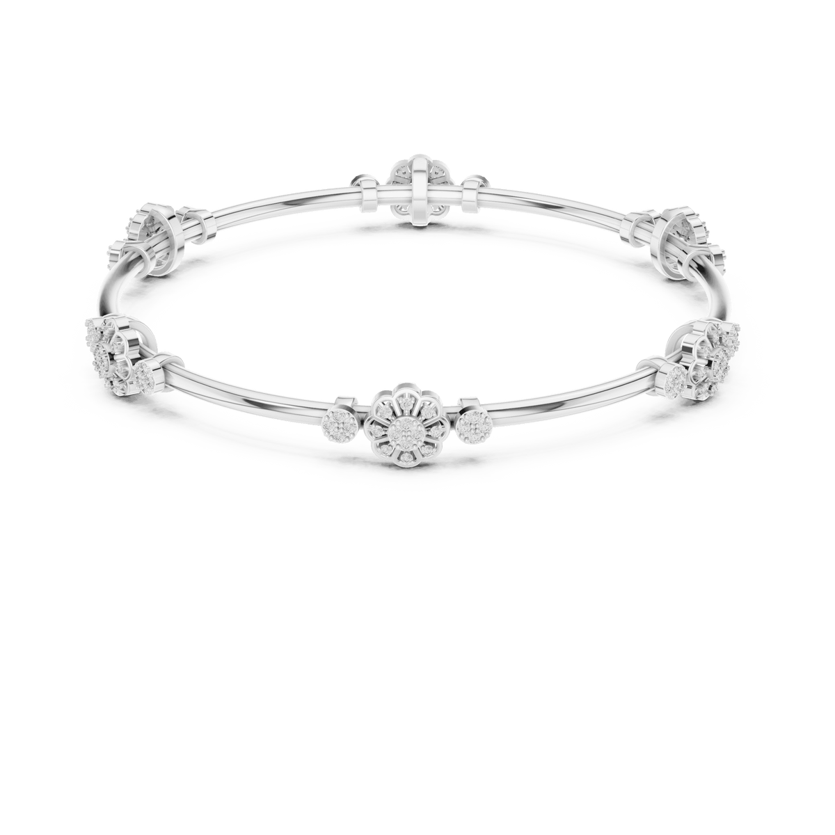 Floral charm crystal bangle bracelet featuring sparkling flower charms, decorative spacer beads, and a polished silver-tone finish by Orova Jewels.
