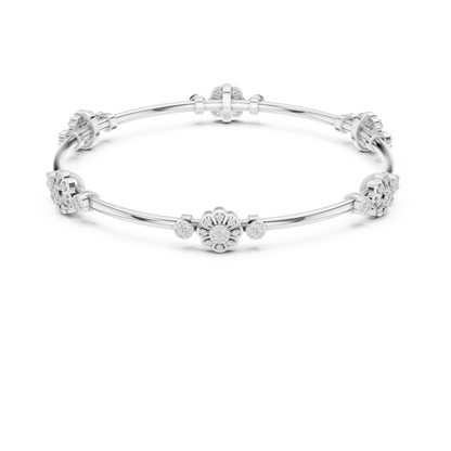 Floral charm crystal bangle bracelet featuring sparkling flower charms, decorative spacer beads, and a polished silver-tone finish by Orova Jewels.