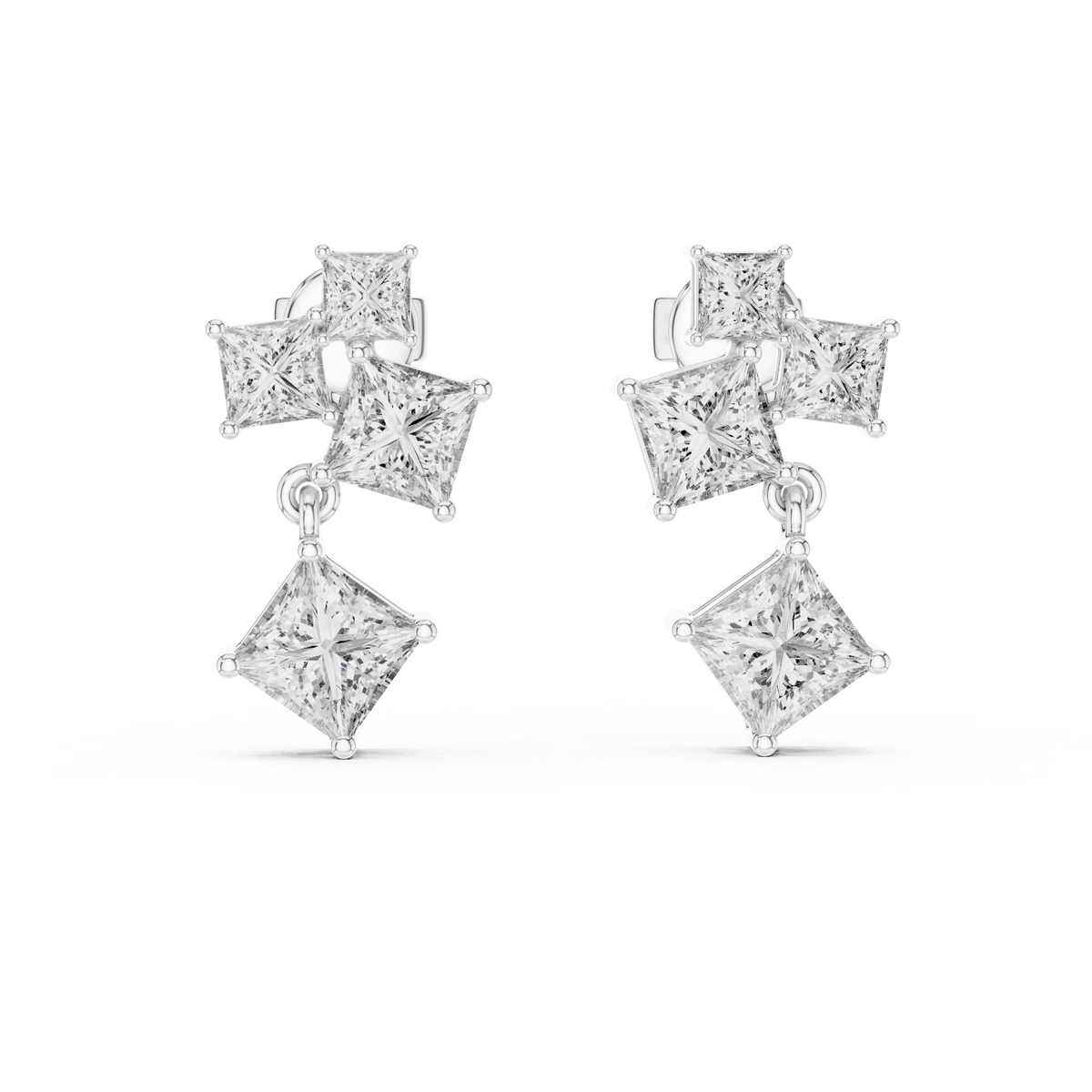 Princess cut diamond cluster drop earrings featuring cascading square-cut stones in a modern geometric design by Orova Jewels.