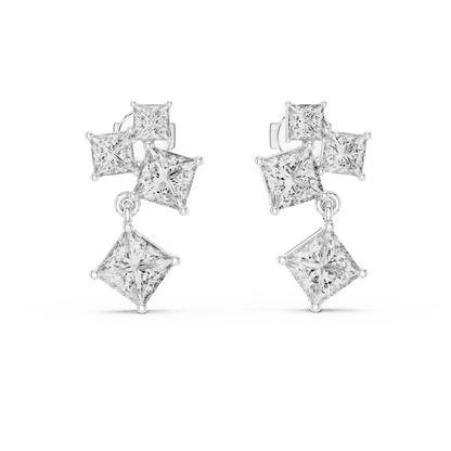Princess cut diamond cluster drop earrings featuring cascading square-cut stones in a modern geometric design by Orova Jewels.