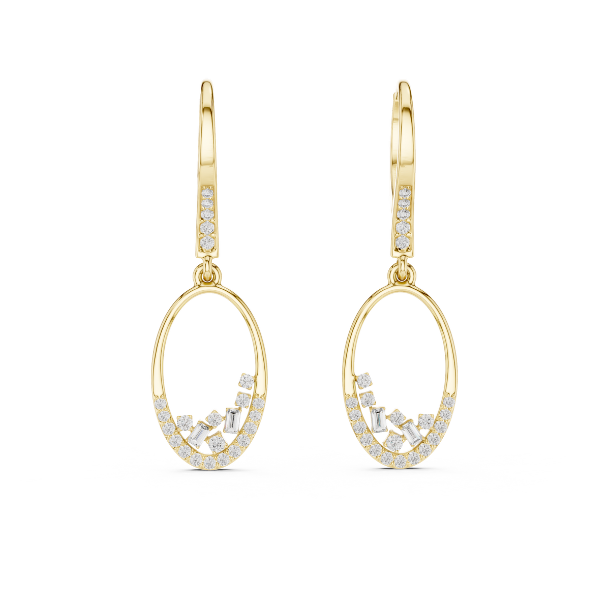Oval diamond drop hoop earrings featuring an open oval frame with sparkling round and baguette-cut stone accents by Orova Jewels.
