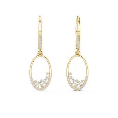 Oval diamond drop hoop earrings featuring an open oval frame with sparkling round and baguette-cut stone accents by Orova Jewels.