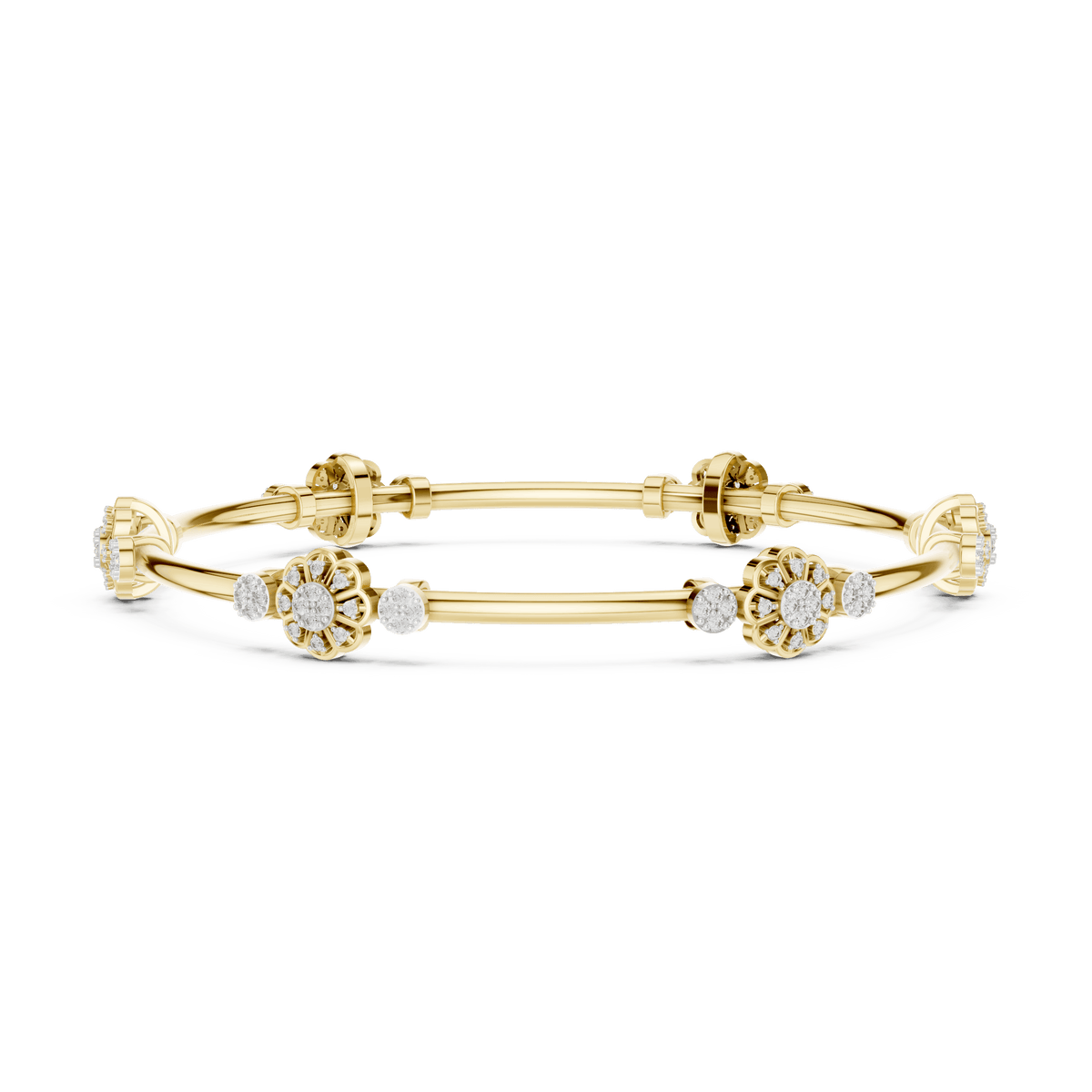Floral charm crystal bangle bracelet featuring sparkling flower charms, decorative spacer beads, and a polished silver-tone finish by Orova Jewels.