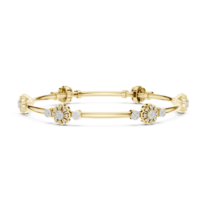 Floral charm crystal bangle bracelet featuring sparkling flower charms, decorative spacer beads, and a polished silver-tone finish by Orova Jewels.