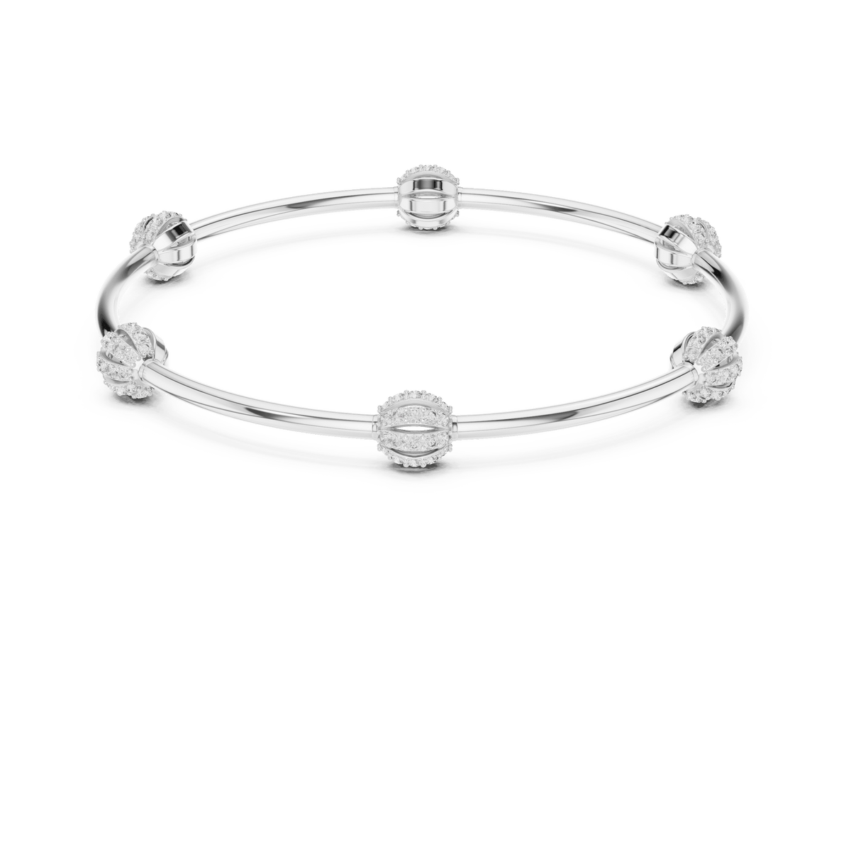 Elegant pavé crystal charm bangle bracelet featuring sparkling bead accents on a sleek polished silver-tone bangle by Orova Jewels.