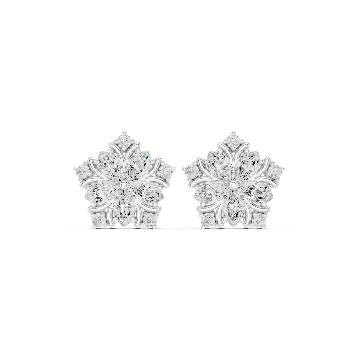 Floral diamond stud earrings featuring marquise and round-cut stones in a sparkling flower-inspired design by Orova Jewels.