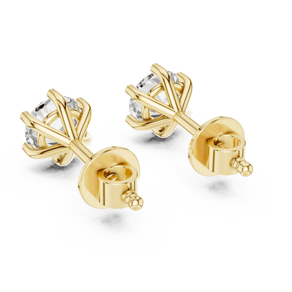 Round solitaire diamond stud earrings featuring brilliant round-cut stones in a classic six-prong setting with secure screw-back closure by Orova Jewels.