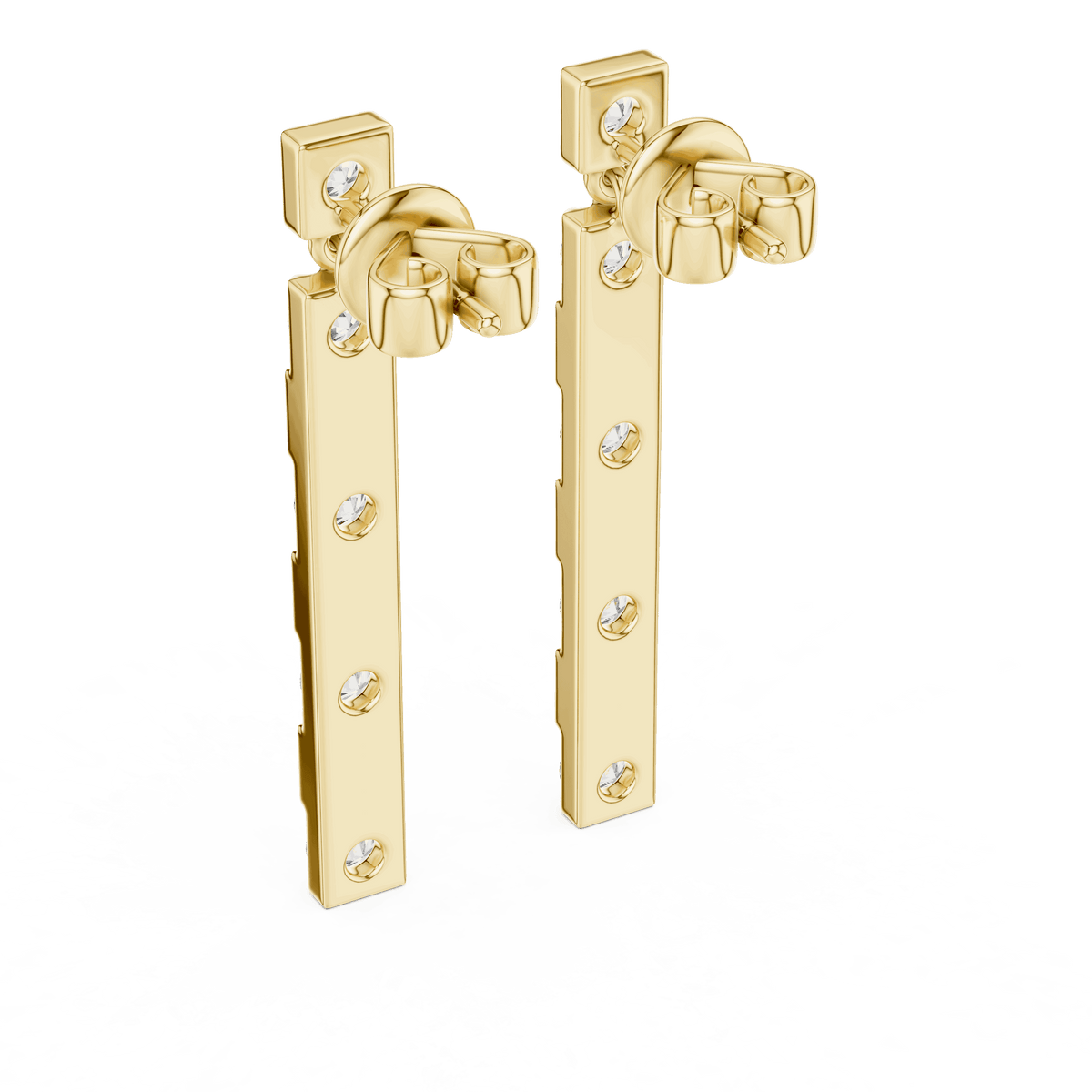 Modern diamond bar drop earrings featuring alternating polished links and sparkling round stones in a sleek vertical design by Orova Jewels
