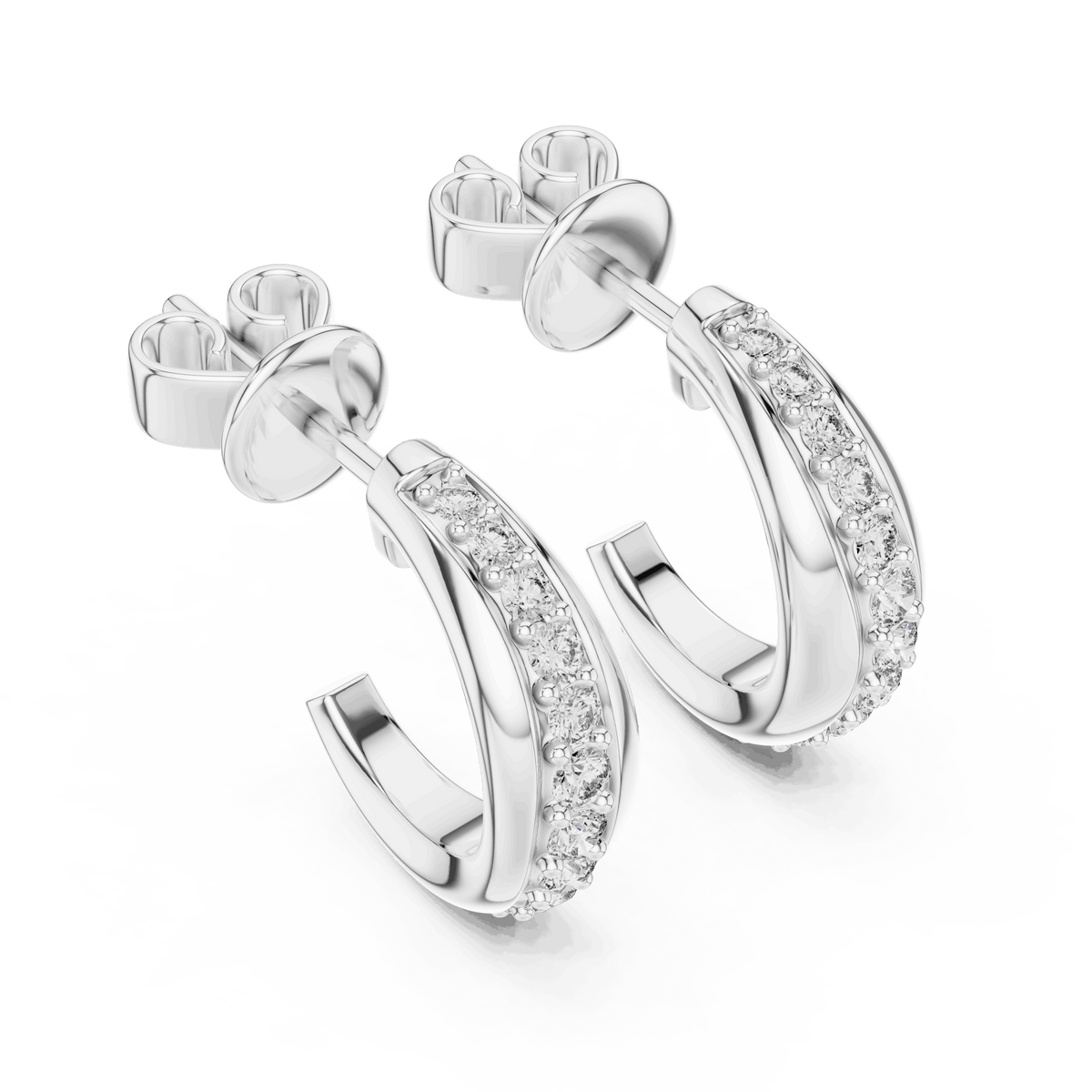 Classic diamond hoop earrings featuring a sleek curved design with sparkling round stone accents and a polished finish by Orova Jewels.
