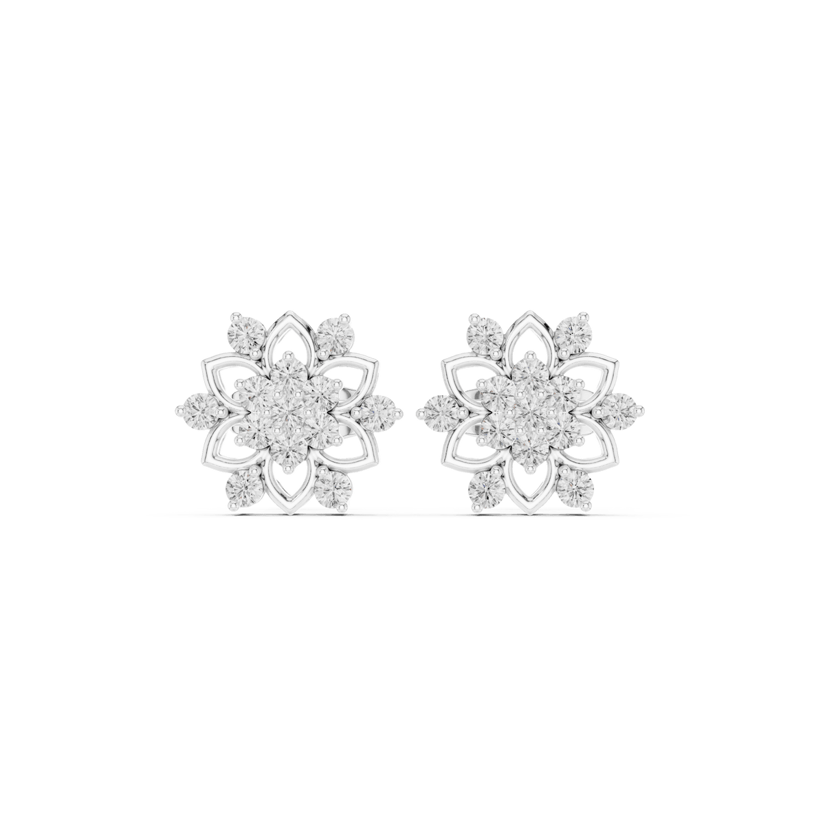 Geometric floral diamond stud earrings featuring sparkling round stone clusters and a modern geometric design by Orova Jewels.